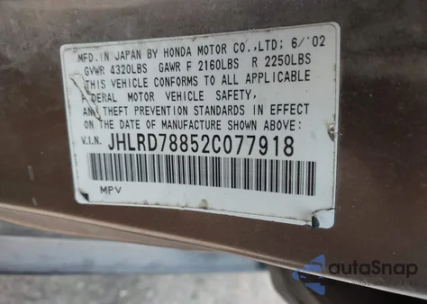 2002 Honda Cr-V Ex from USA, damaged, VIN JHLRD78852C077918